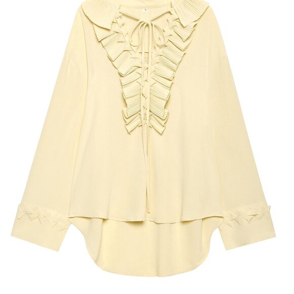 Yellow Casual Women's Beach Style Ruffled Front Short Back Long sleeve top - Picture 5 of 9